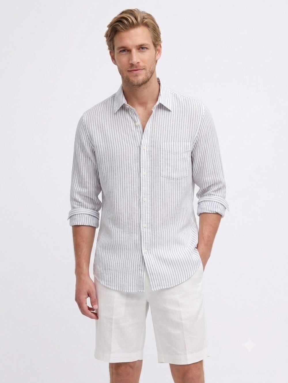 Uniqlo Men's White & Blue Striped 100% Linen Long Sleeve Button Up Shirt Size M